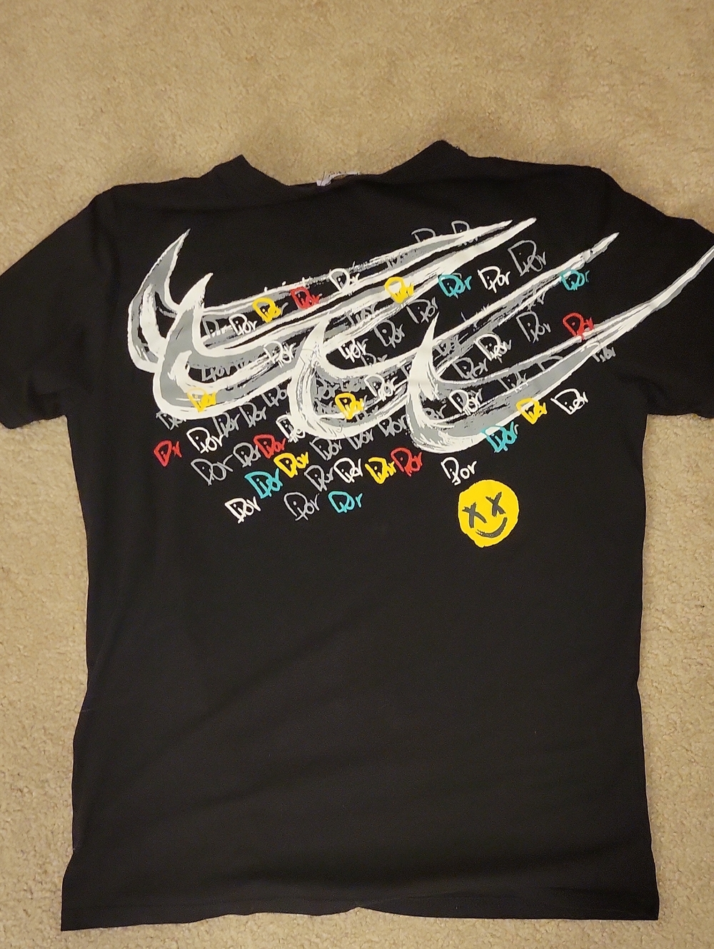 Black Graphic Tee with Multicolor Logo Accents